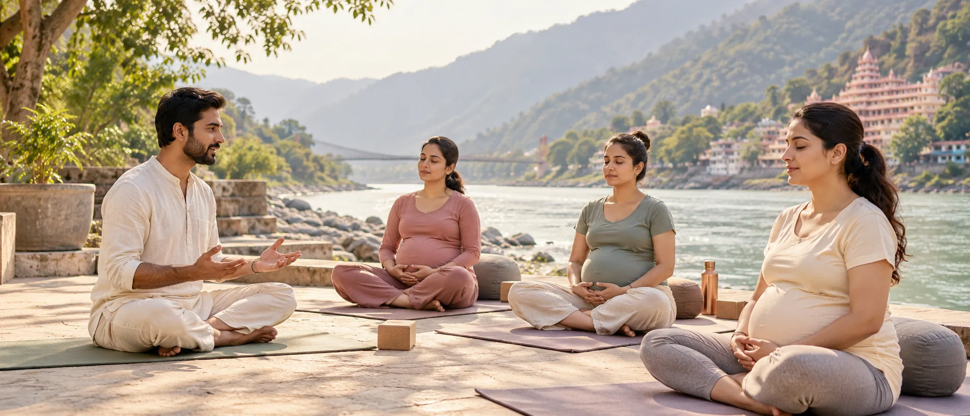 Group practising seated yoga beside the Ganges in Rishikesh